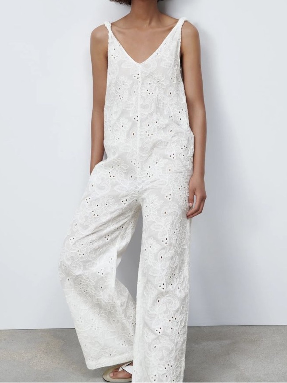Zara White Eyelet Lace Wide-Leg Jumpsuit